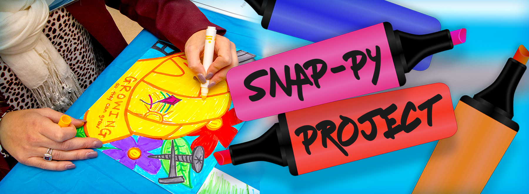 Person drawing a construction helmet, with markers layered on top with the title on the "Snap-py project" written on the markers.